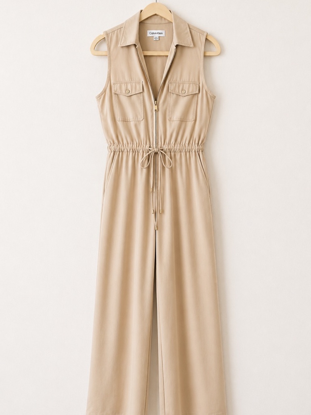 Calvin Klein Tan Sleeveless Zip-Front Drawstring Jumpsuit